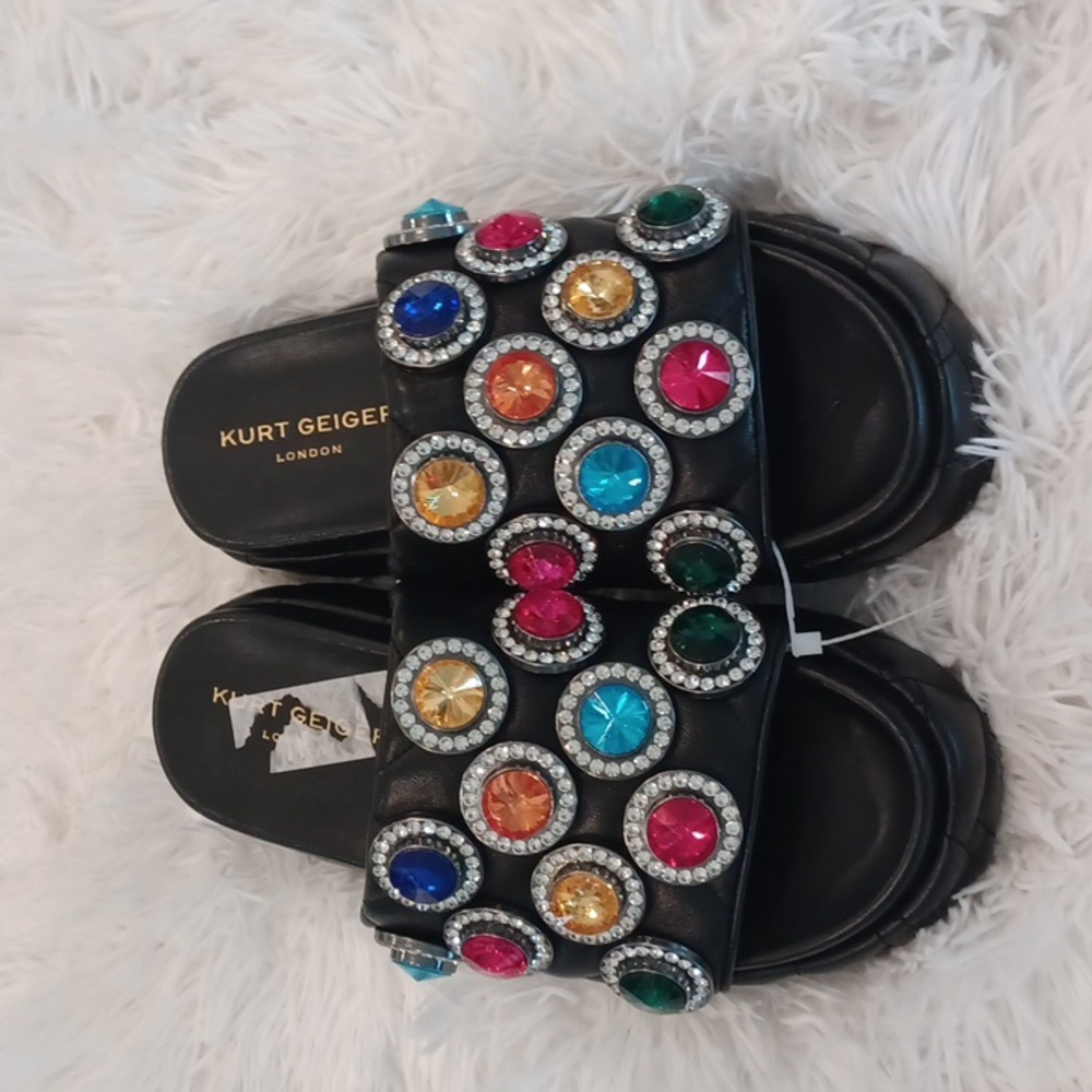 Kurt Geiger Rainbow Rhinestone Gem Crystal Leather Quilted Slip On Sandal New - Picture 4 of 15
